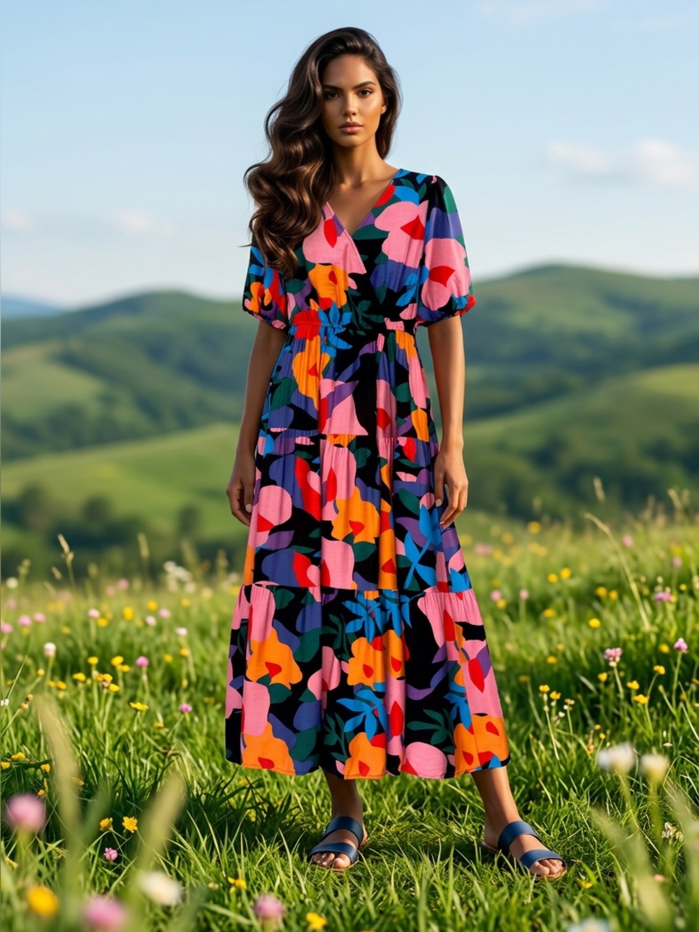 NWT Prettygarden Colorful Abstract Floral V-Neck Tiered Maxi Dress Size Small